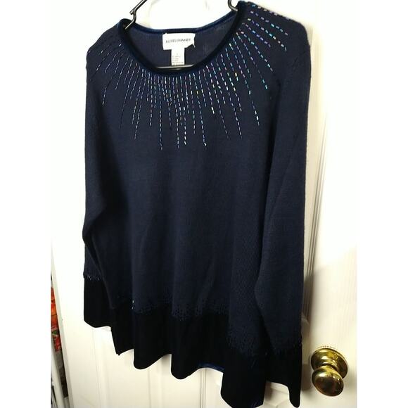 Alfred Dunner Woman L Sweater Blue Beaded Velvet Trim Pullover Tunic Wool Blend - Picture 2 of 8